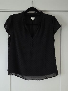 J. Crew Black Swiss Dot Split-Neck Cap Sleeve Blouse